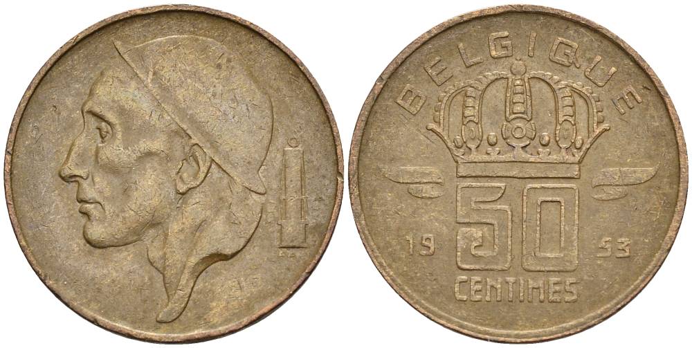 БЕЛЬГИЯ 50 САНТИМОВ 1953 BELGIQUE KM 148.1 бронза 4528-932