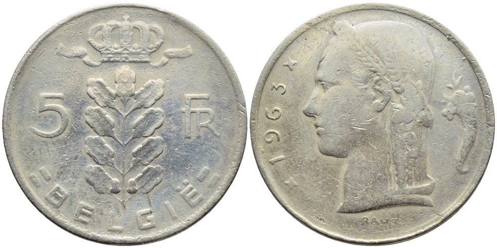 БЕЛЬГИЯ 5 ФРАНКОВ 1963 BELGIE KM 135.1 медно-никель 3999-914