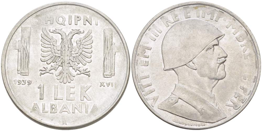 Албания 1 лек 1939 R, год XVIII, Итальянская оккупация, вторая мировая KM 31 нержавеющая сталь 4523-413