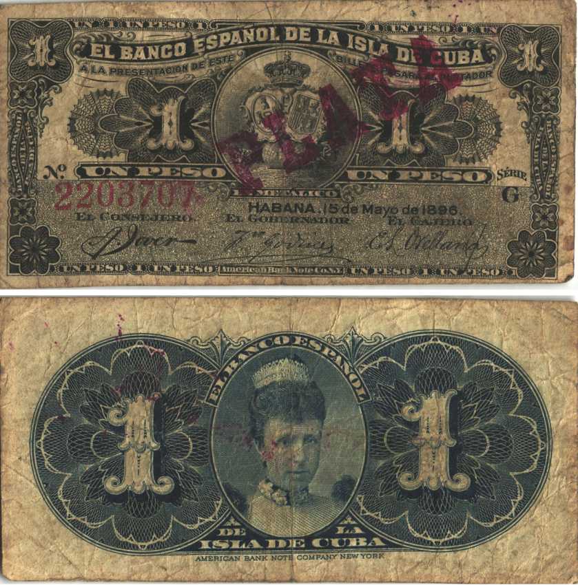 Куба 1 песо 1896 серия G, королева регент Мария Кристина, Испанский банк для Кубы, красная диагональная надпечатка PLATA Pick 47b  бумага   8614-19-2-1
