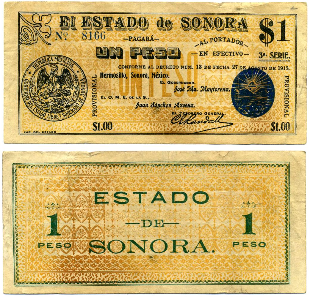 Мексика 1 песо 1913 27 августа 1913, Estado de Sonora, Hermosillo, серия 3 Pick S 1066c бумага 8603-4-2-1
