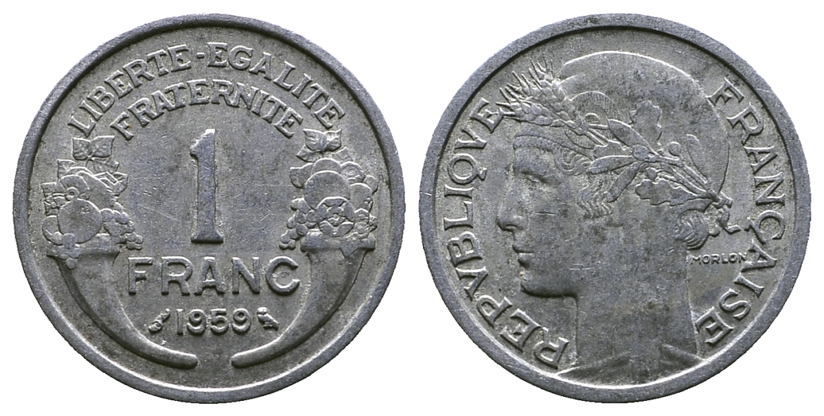 ФРАНЦИЯ 1 ФРАНК 1959 ТИП MORLON, LEGERE KM 885a.1, LE FRANC 221.23 алюминий 261-443