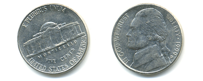 США 5 ЦЕНТОВ 1999 D ДЖЕФФЕРСОН KM А192 медно-никель 86-635