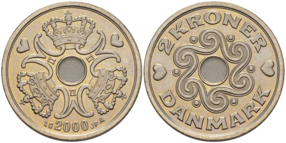 ДАНИЯ 2 КРОНЫ 2000 LG; JP; A, МАРГРЕТЕ II (1972-) KM 874.1 медно-никель 202-837