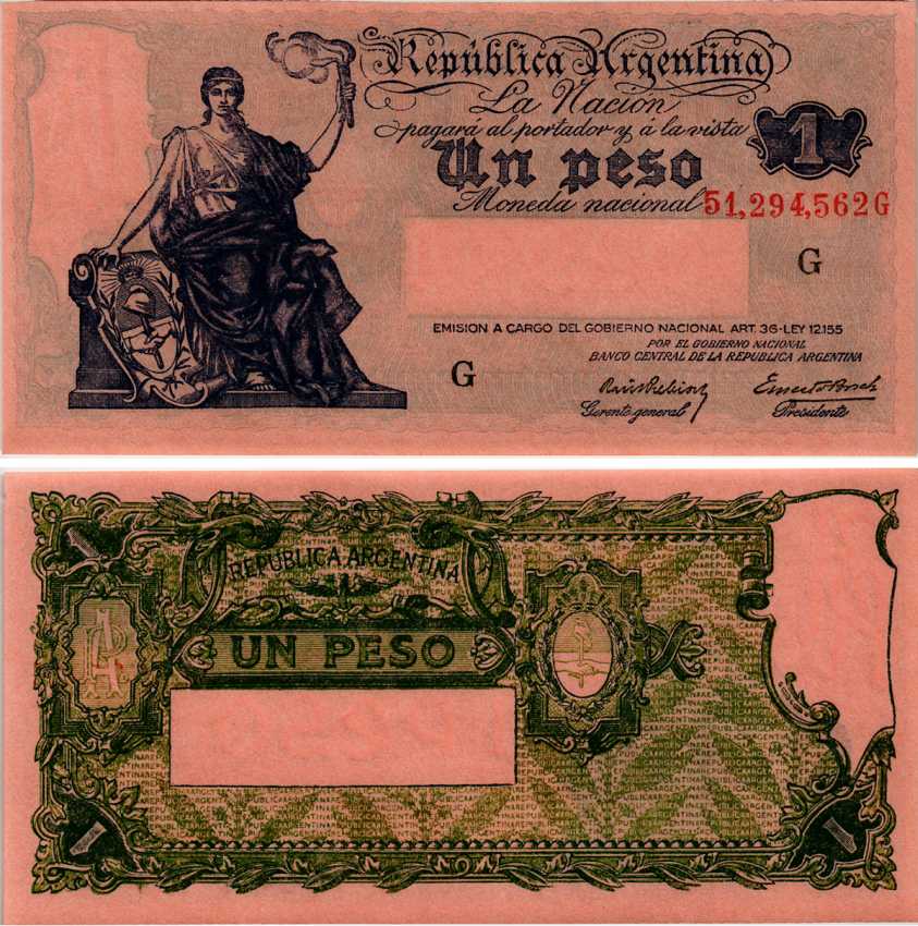АРГЕНТИНА 1 ПЕСО 1937 СЕРИЯ G 51294 Pick 251d бумага UNC (ПРЕСС) 7217-69-1