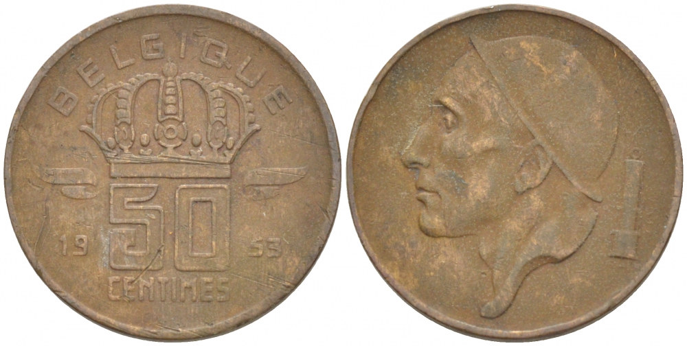 БЕЛЬГИЯ 50 САНТИМОВ 1953 BELGIQUE KM 144 бронза 4528-125