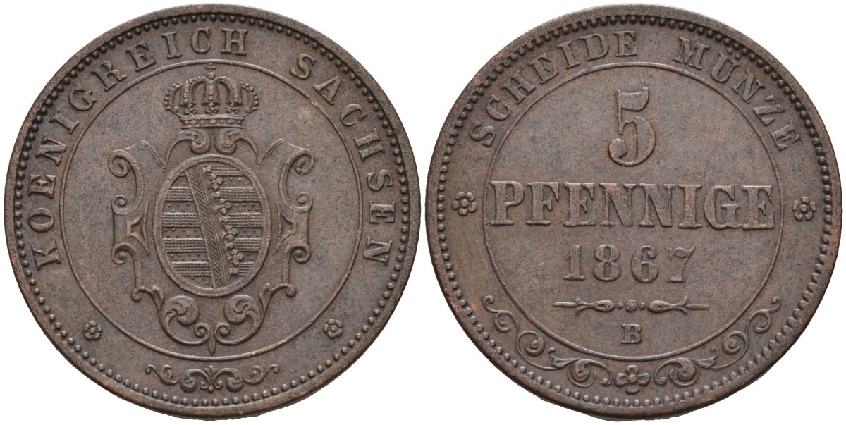 Саксония 5 пфеннигов 1867 В, Johann (1854-1873) KM 1218, AKS 151, J. 123 медь 4587-624