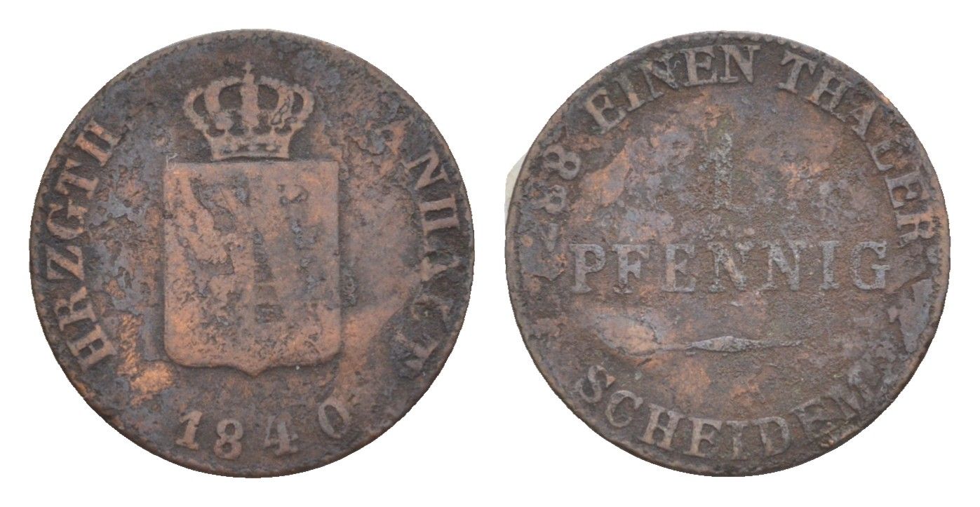 Ангальт-Бернбург 1 пфенниг 1840 Александр Карл (1834-1863) KM 91, AKS 27, J. 60 медь 00-00