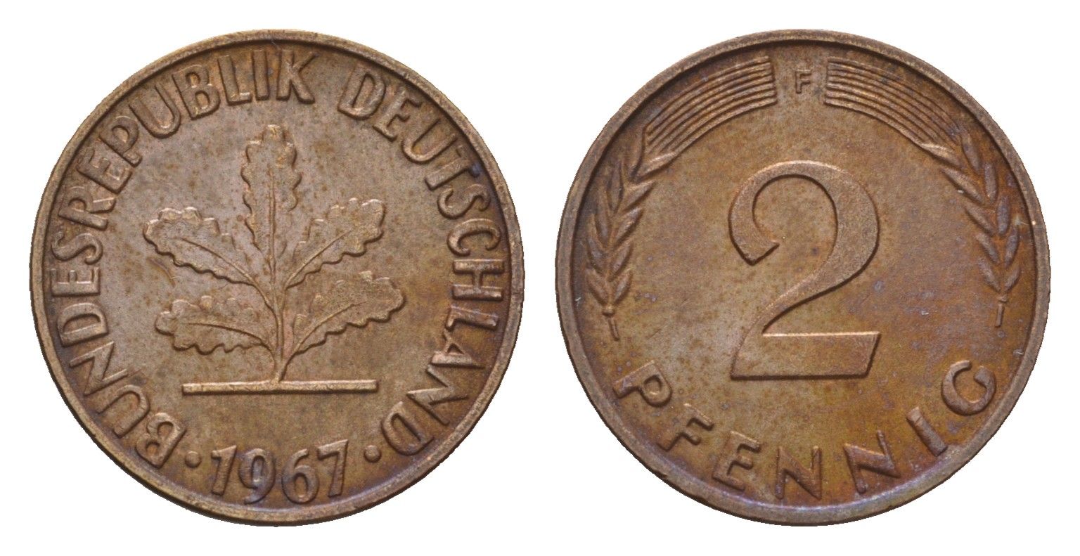 ФРГ 2 пфеннига 1967 F KM 106, J. 381 бронза 3458-711