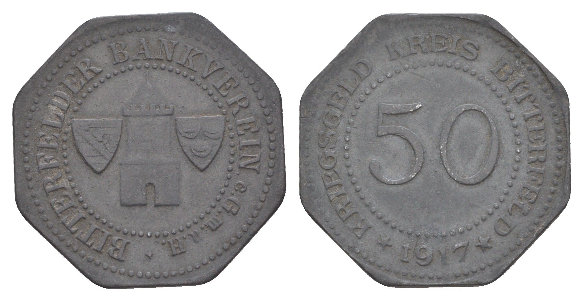 Биттерфельд 50 пфеннигов 1917 Funck 44.3A, Men05 2917.5, Men18 3746.5 цинк 4638-121