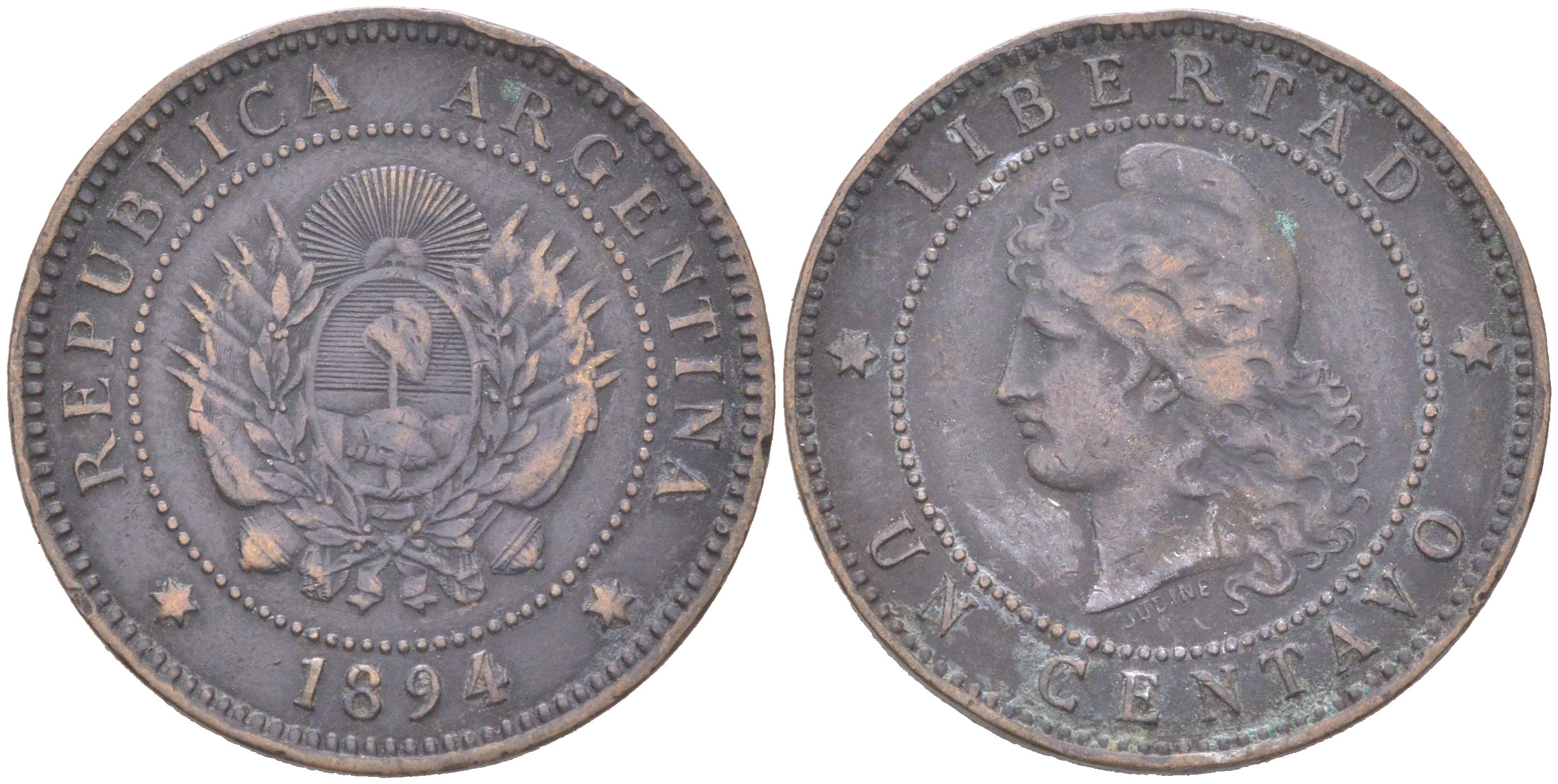 Аргентина 1 сентаво 1894 KM 32 бронза 4622-123