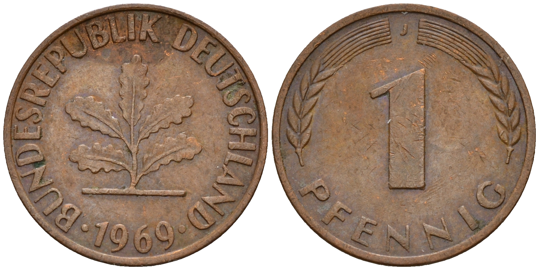 ФРГ 1 пфенниг 1969 J KM 105, J. 380 сталь плакированная медью    4598-445