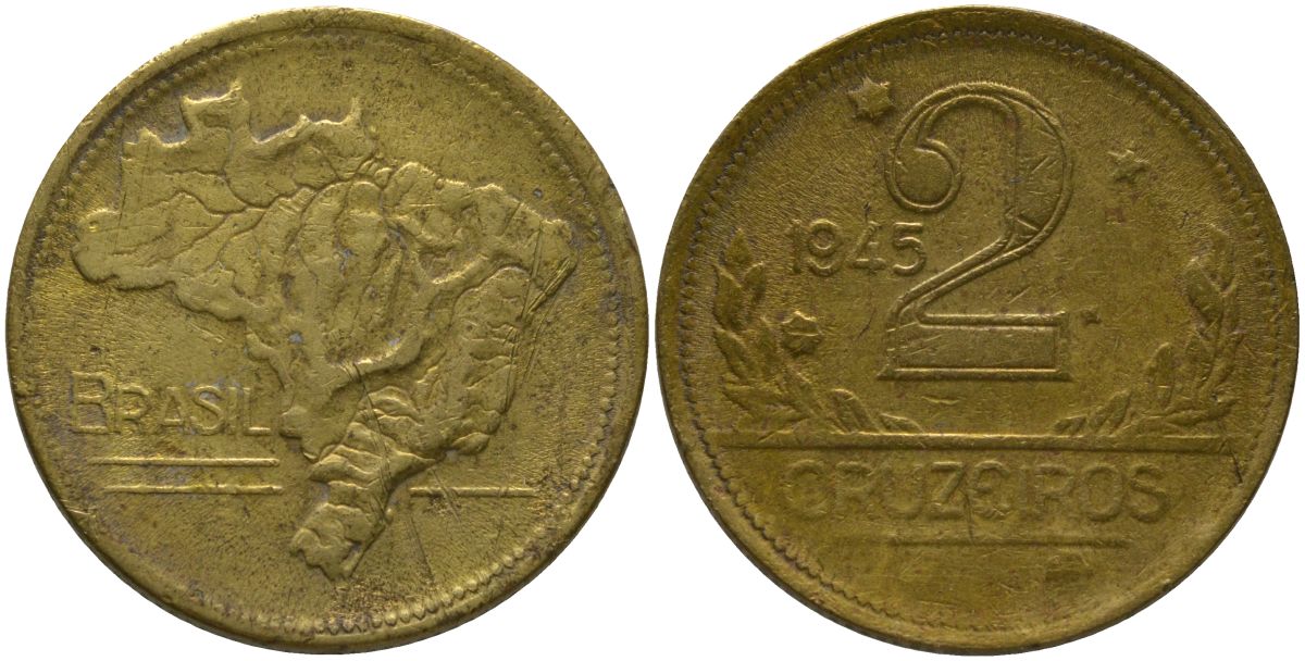 Бразилия 2 крузейро 1945 KM 559 алюминиевая бронза 4577-447