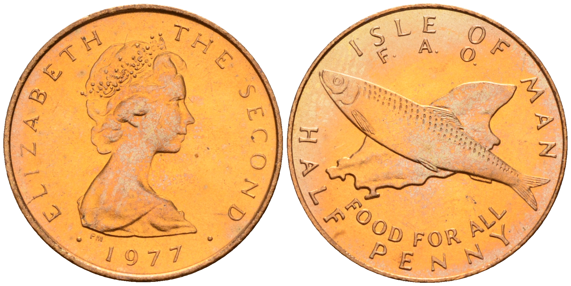 Остров Мэн 1/2 пенни 1977 рыба, FAO, продовольственная программа, Елизавета II (1952) KM 40 бронза UNC M18-15