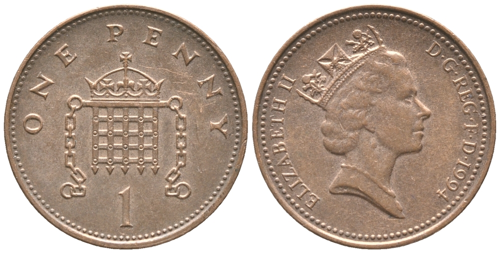 Великобритания 1 пенни 1994 Елизавета II (1952-2022) KM 935a, Spink 4391 (B4) сталь плакированная медью 34-233