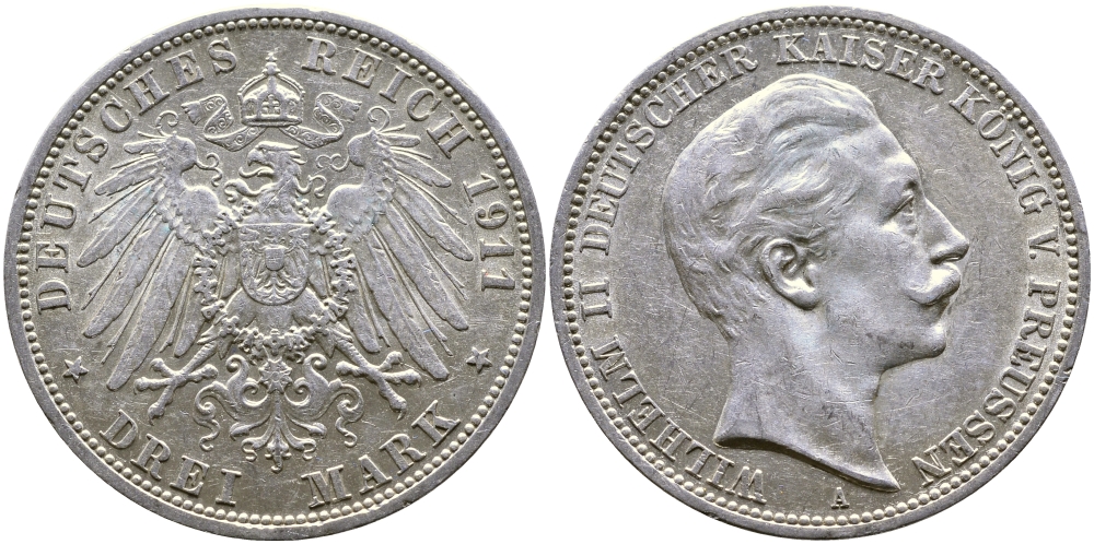 Пруссия 3 марки 1911 Вильгельм II (1888-1918) KM 527, J. 103 серебро 58-1035