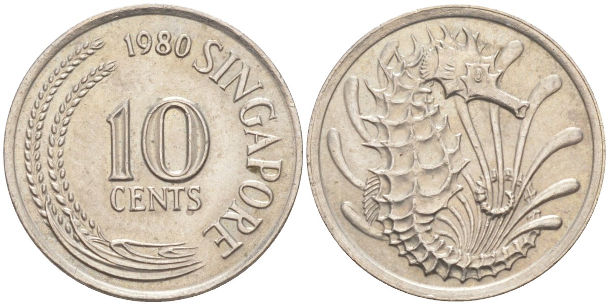 Сингапур 10 центов 1980 морской конек KM 3 медно-никель 187-457