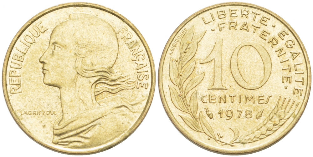 ФРАНЦИЯ 10 САНТИМОВ 1978 ТИП MARIANNE KM 929 медь алюминий никель 3955-638