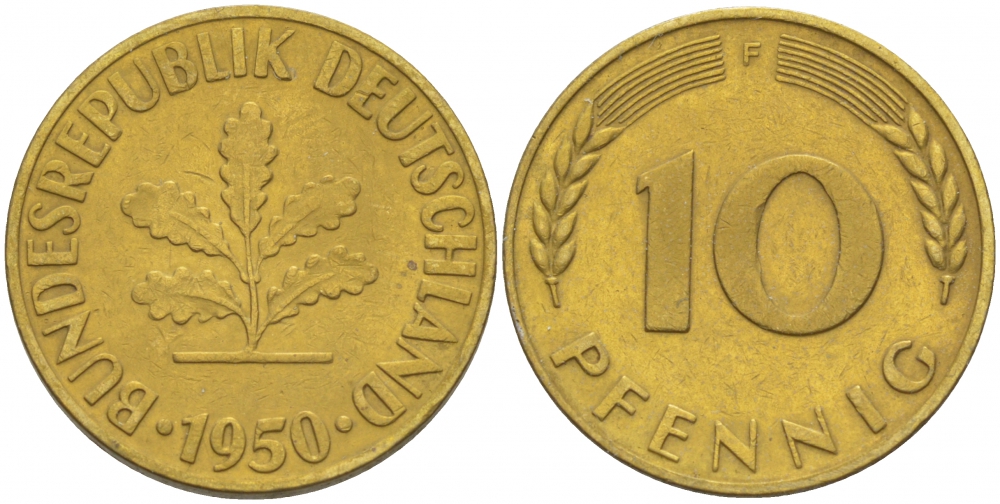 ФРГ 10 ПФЕННИГОВ 1950 F KM 108, J.383 сталь плакированная латунью 3996-613