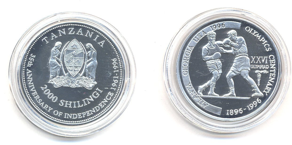 Танзания 2000 шиллингов 1996 XXVI Олимпийские игры 1996 года в Атланте, 100 лет Олимпийскому движению, боксеры, пробник, гладкий гурт алюминий PROOF 06-157-25