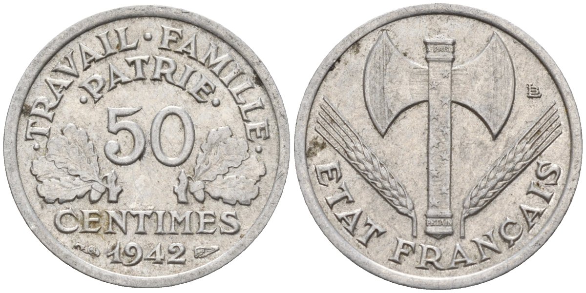 Франция 50 сантимов 1942 Тип Francisque, Lourde, правительство Виши KM 914.1, Le Franc 195.2 алюминий 4596-815