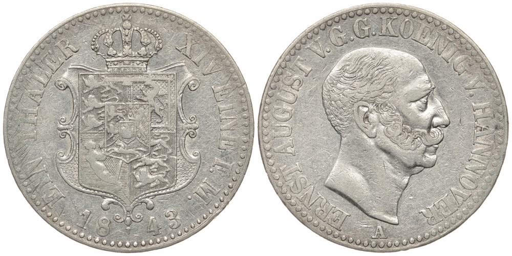Ганновер 1 талер 1843 А, Эрнст Август (1837-1851) KM 197.1 серебро 00-000-00