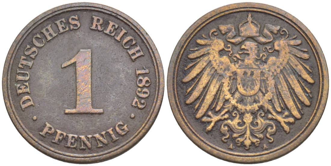 ГЕРМАНИЯ 1 ПФЕННИГ 1892 A KM 10, Jager. 10, Weege 2 медь 4528-1121