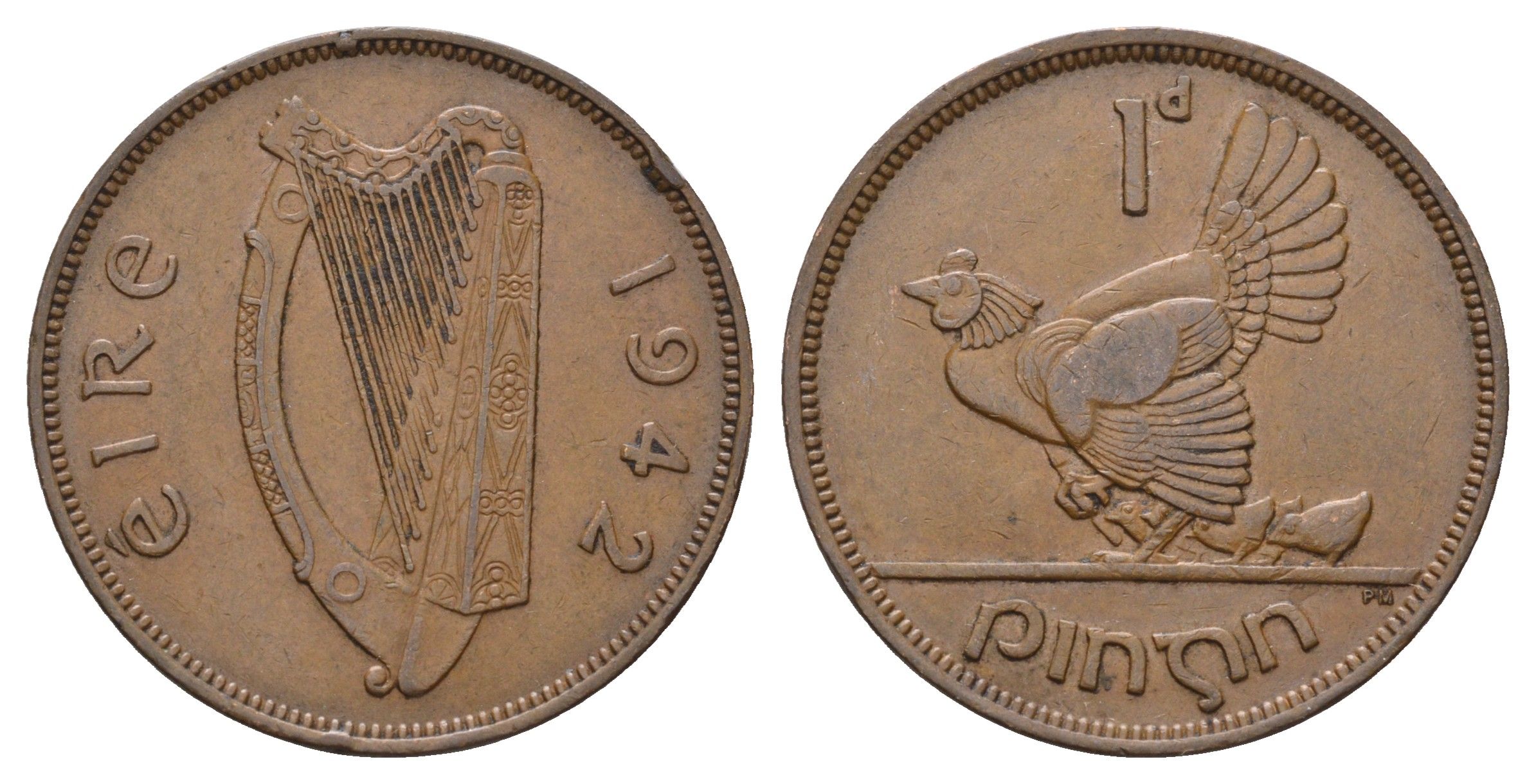 Ирландия 1 пенни 1942 курица с цыплятами KM 11 бронза 4672-635