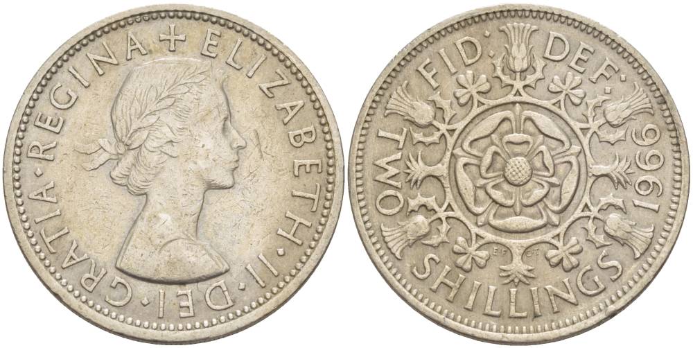 Великобритания 2 шиллинга (флорин) 1966 Елизавета II (1952-2022) KM 906, Spink 4146 медно-никель 4183-1235