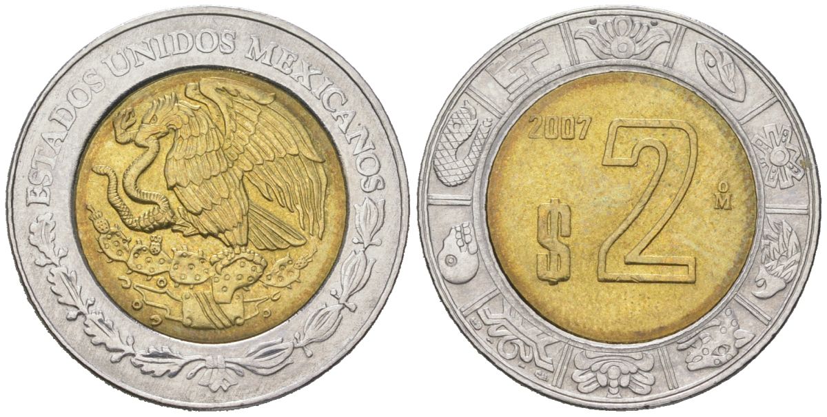 Мексика 2 песо 2007 Mo KM 604 биметалл aUNC 186-642