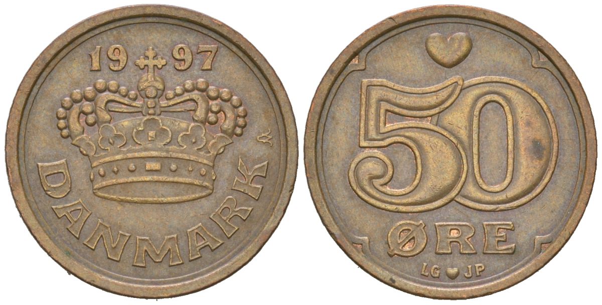 Дания 50 эре 1997 LG, Маргрете II (1972-) KM 866 бронза 213-1214