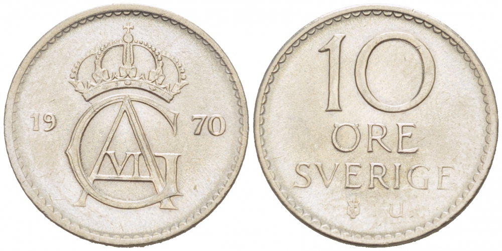 Швеция 10 эре 1970 U Густав VI Адольф (1950-1973) KM 835 медно-никель 3955-329
