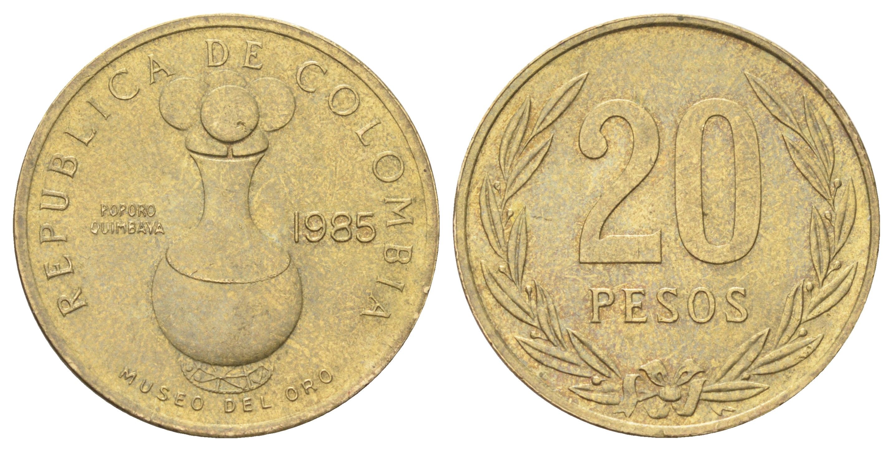 Колумбия 20 песо 1985 редкий год KM 271 алюминиевая бронза aUNC 4128-1113