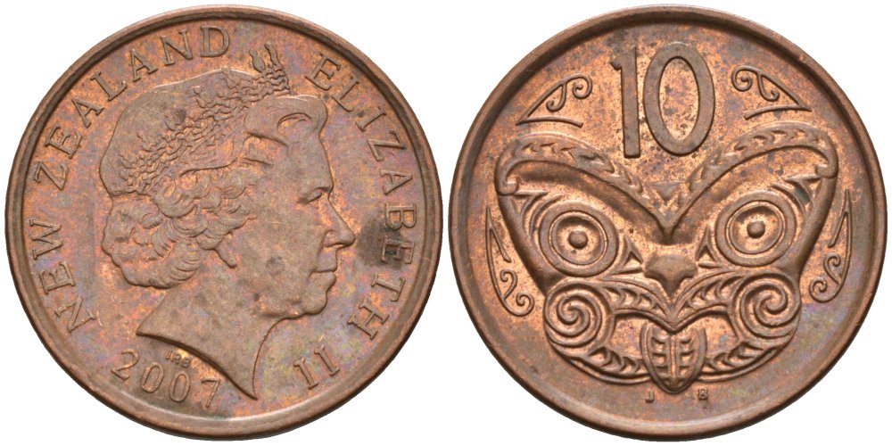 Новая Зеландия 10 центов 2007 маска Маори, Елизавета II (1952-) KM 117а сталь плакированная медью 4579-1255
