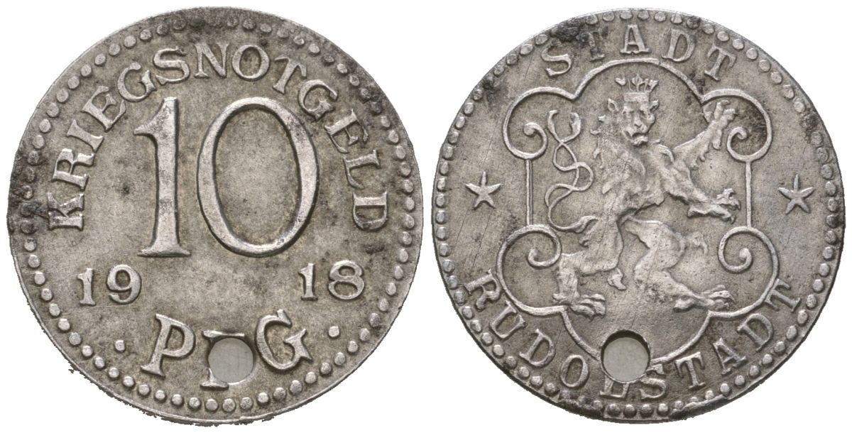 Рудольштадт (Тюрингия) 10 пфеннингов 1918 Funck 457.5A, Men18 27631.9 железо 4164-311