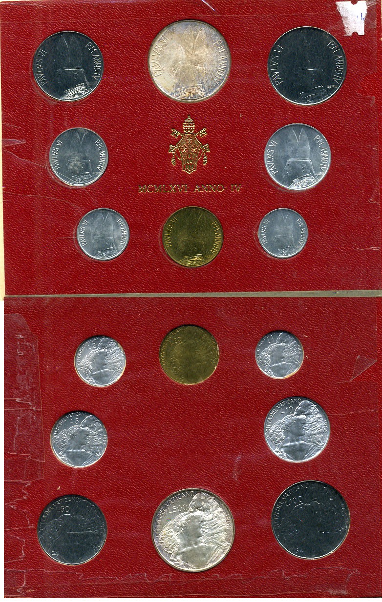Ватикан набор из 8 монет 1966 1, 2, 5, 10, 20, 50, 100, 500 лир, в оригинальном буклете KM MS70 серебро UNC 8-1-01-02