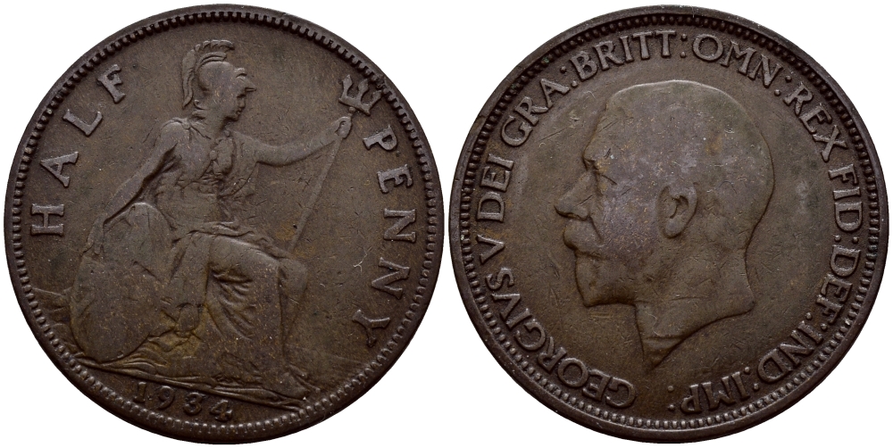 Великобритания 1/2 пенни 1934 Георг V (1910-1936) KM 837, Spink 4058 бронза 259-524
