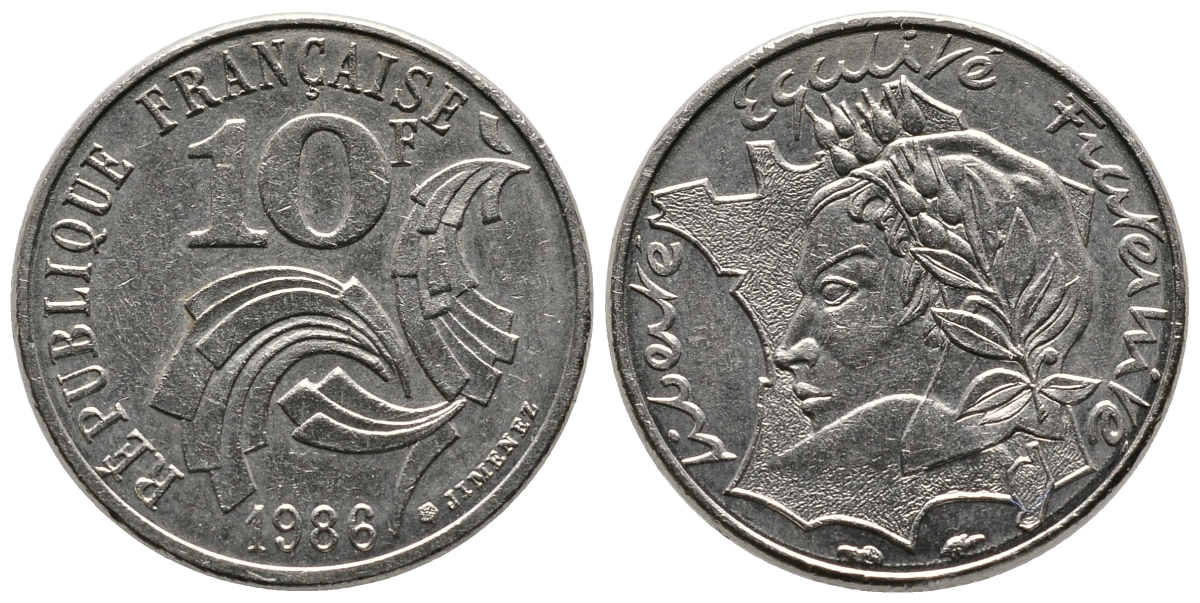 ФРАНЦИЯ 10 ФРАНКОВ 1986 РЕСПУБЛИКА KM 959 никель 80-525