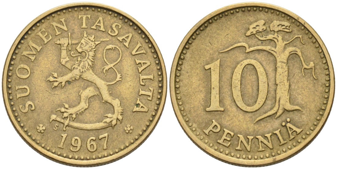 ФИНЛЯНДИЯ 10 ПЕННИ 1967 S KM 46 алюминиевая бронза 192-1031