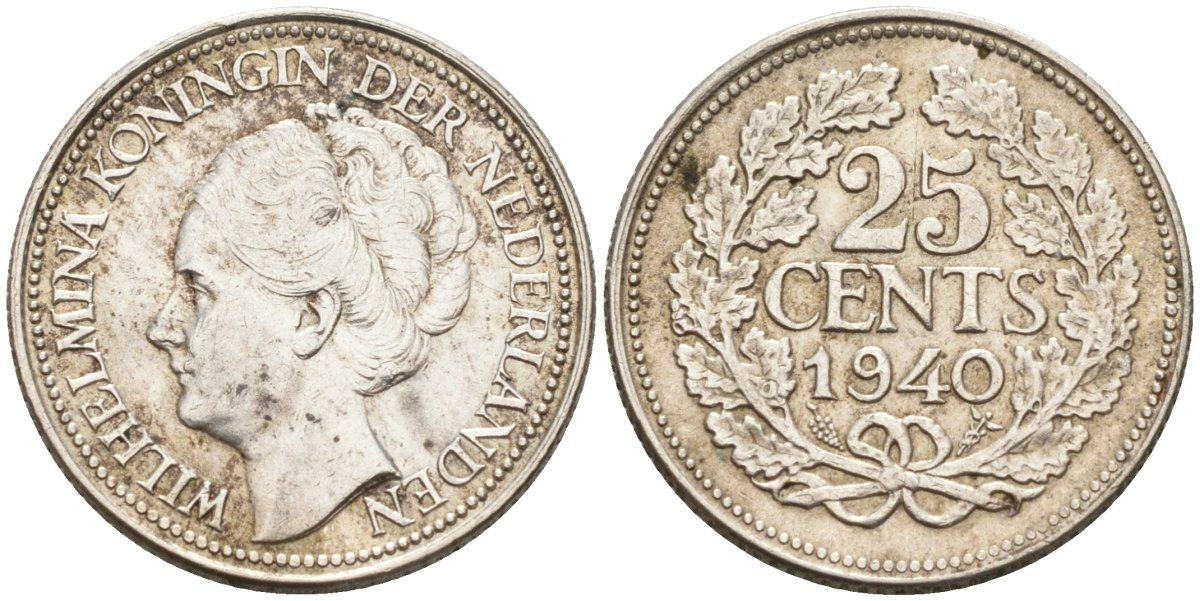 Нидерланды 25 центов 1940 Вильгельмина (1890-1948) KM 164 серебро 94-723