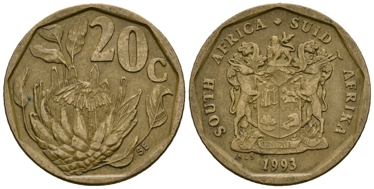ЮАР 20 центов 1993 герб, цветок протея KM 136 сталь плакированная латунью 4173-963