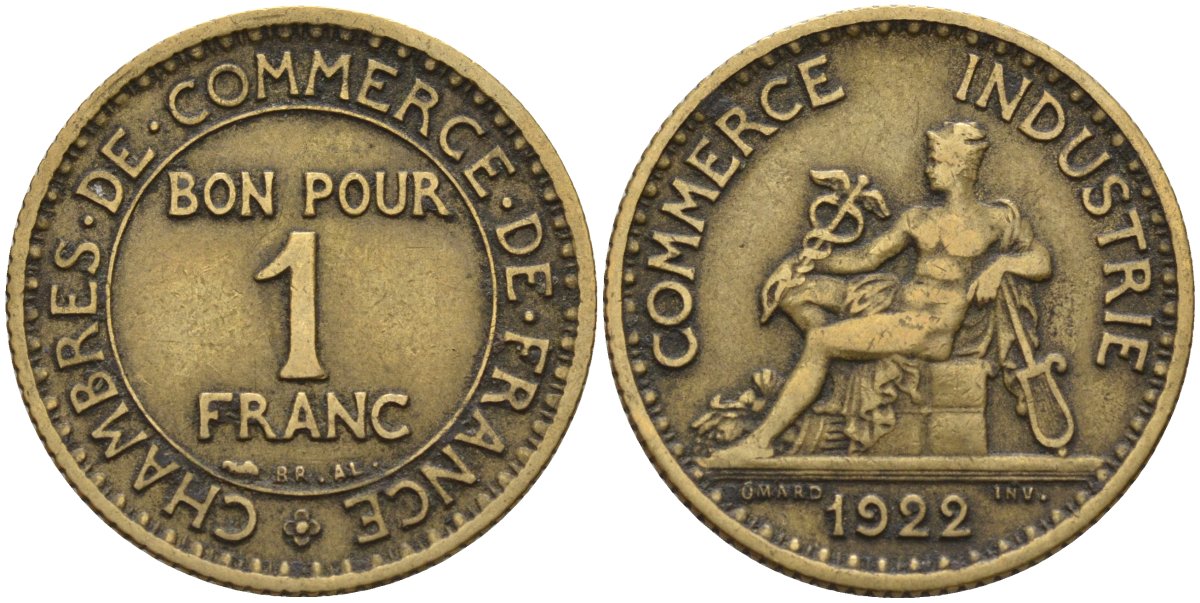 Франция 1 франк 1922 KM 876, Le Franc 218.5 алюминиевая бронза 4142-627