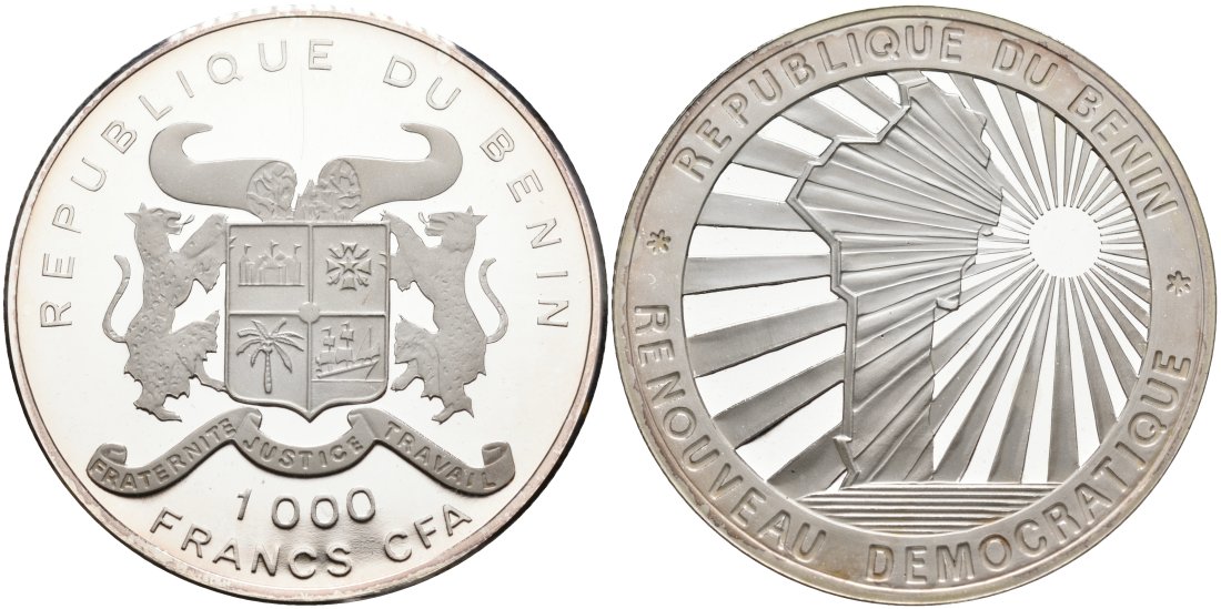 Бенин 1000 франков 1992 демократия и иновации, карта в лучах солнца KM 2 серебро PROOF 00-00