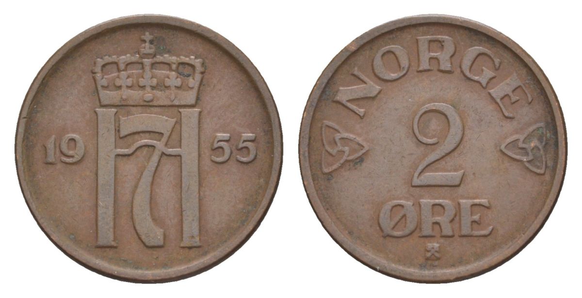 Норвегия 2 эре 1955 Хокон VII (1905-1957) KM 399 бронза 4635-327