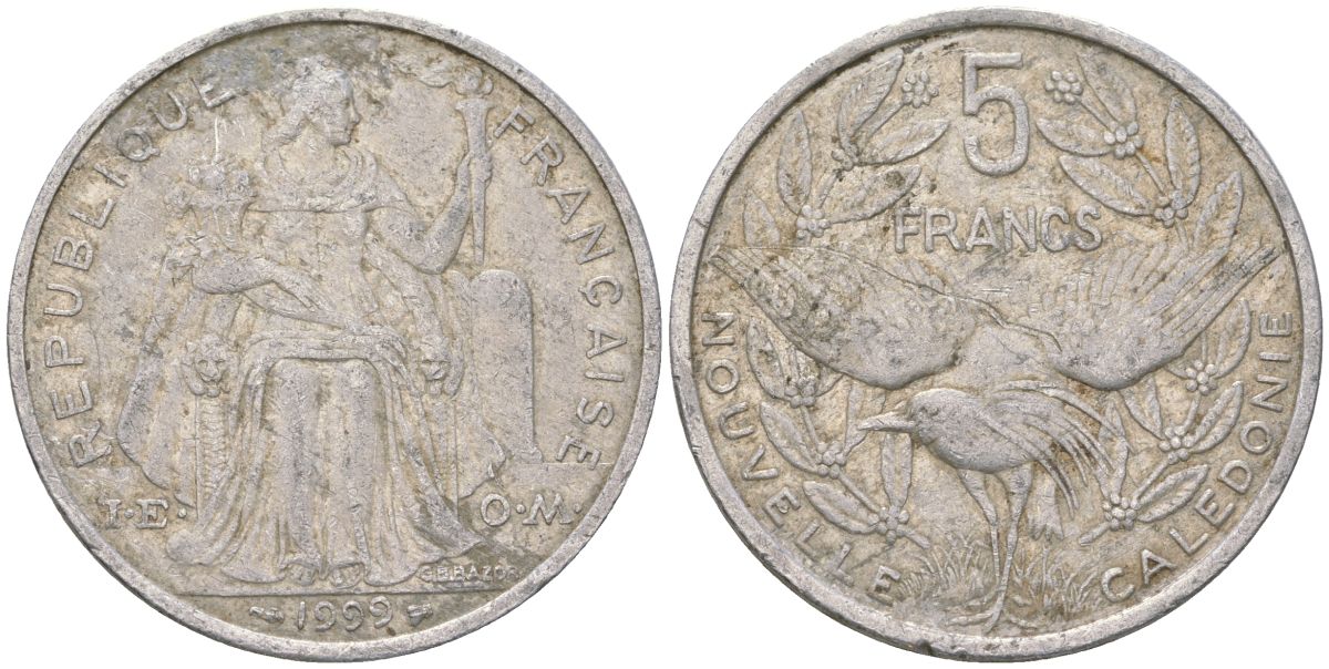 Французская Новая Каледония 5 франков 1999 птица кагу, (IEOM) KM 16, Schoen 12, Lec 81d алюминий 189-221