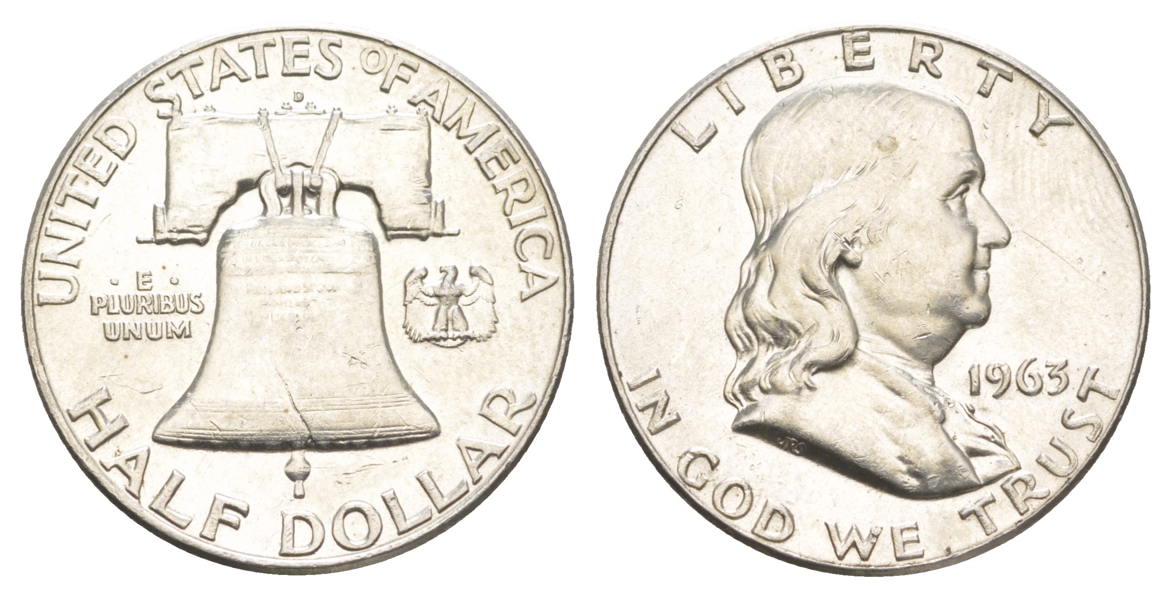 США 1/2 доллара (50 центов) 1963 Бенджамин Франклин, колокол KM 199 серебро  aUNC  4653-111