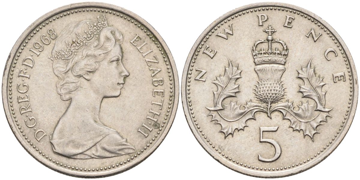Великобритания 5 пенсов 1968 Елизавета II (1952-2022) KM 911, Spink 4233 (D1) медно-никель 4126-334