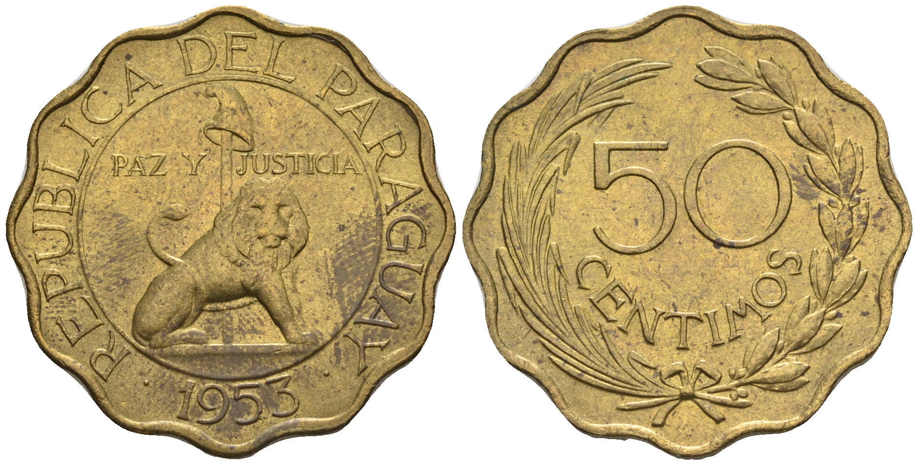 Парагвай 50 сентимо 1953 лев, фригийский колпак на шесте KM 28 алюминиевая бронза  aUNC  4177-215