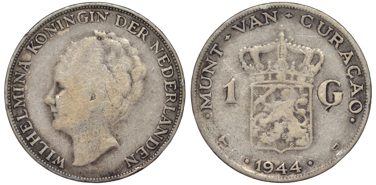 Нидерландское Кюрасао 1 гульден 1944 D, Вильгельмина (1890-1948) KM 45 серебро 36-736