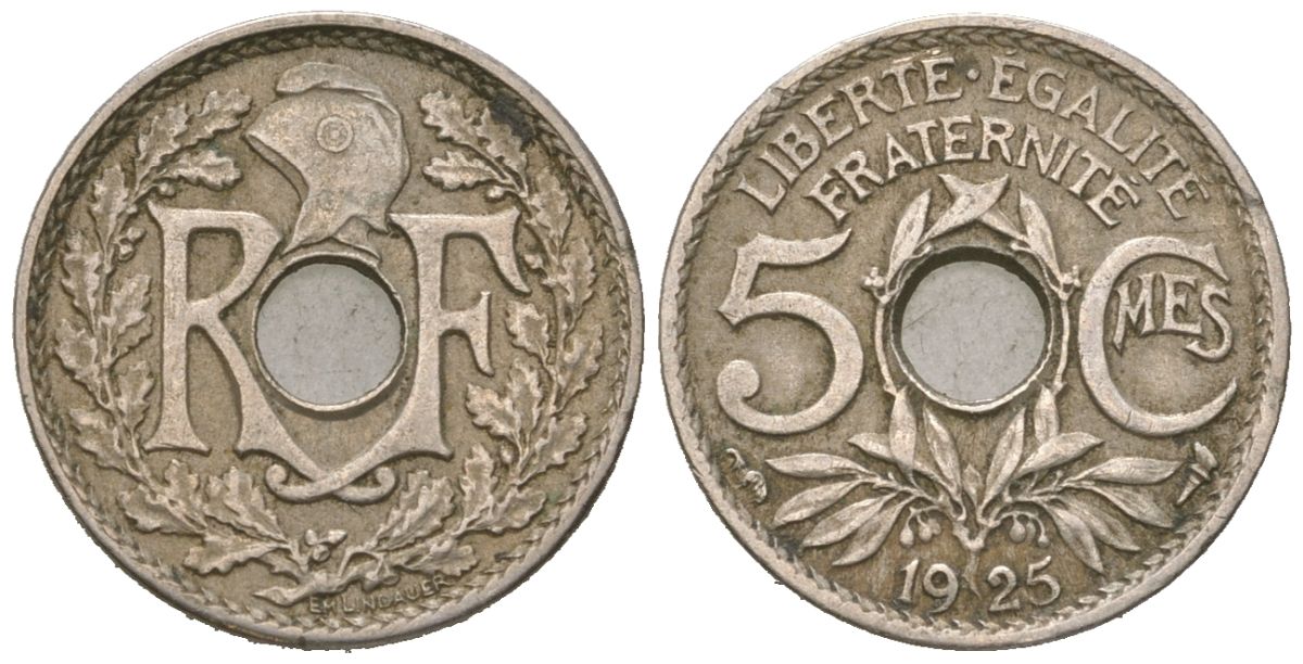 Франция 5 сантимов 1925 KM 875 медно-никель 4615-647
